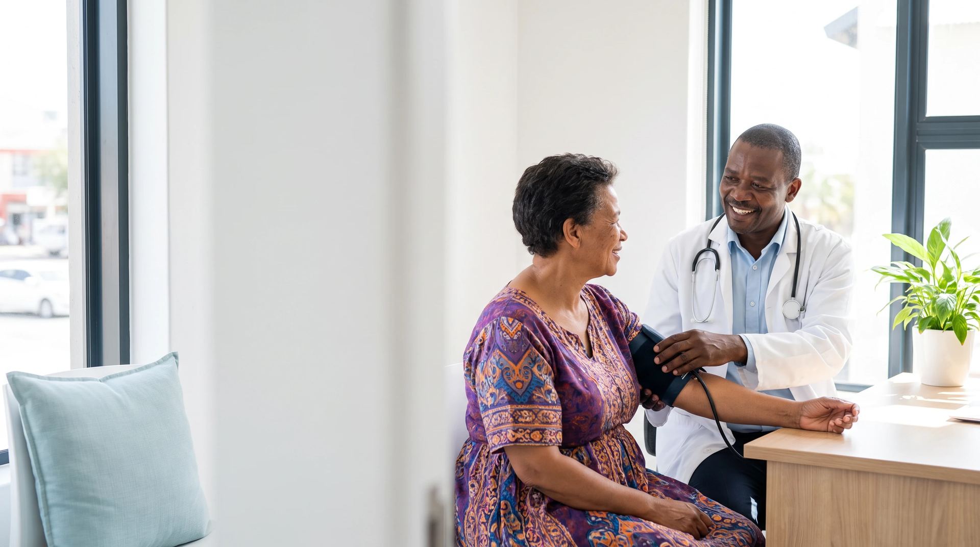 A doctor checking an older patient's blood pressure in a bright consulting room